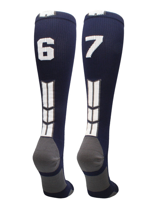 MadSportsStuff socks #67 / Large Player Id Jersey Number Socks Over the Calf Length Navy White