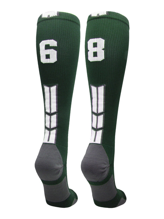 MadSportsStuff socks #68 / Large Player Id Jersey Number Socks Over the Calf Length Dark Green White