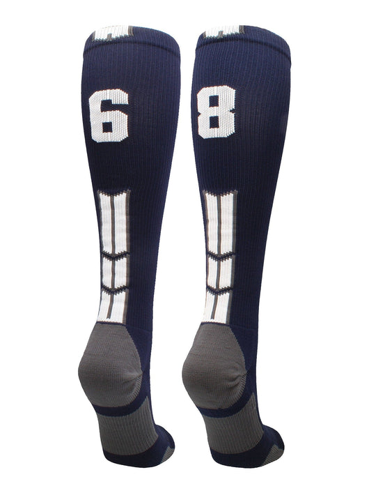 MadSportsStuff socks #68 / Large Player Id Jersey Number Socks Over the Calf Length Navy White