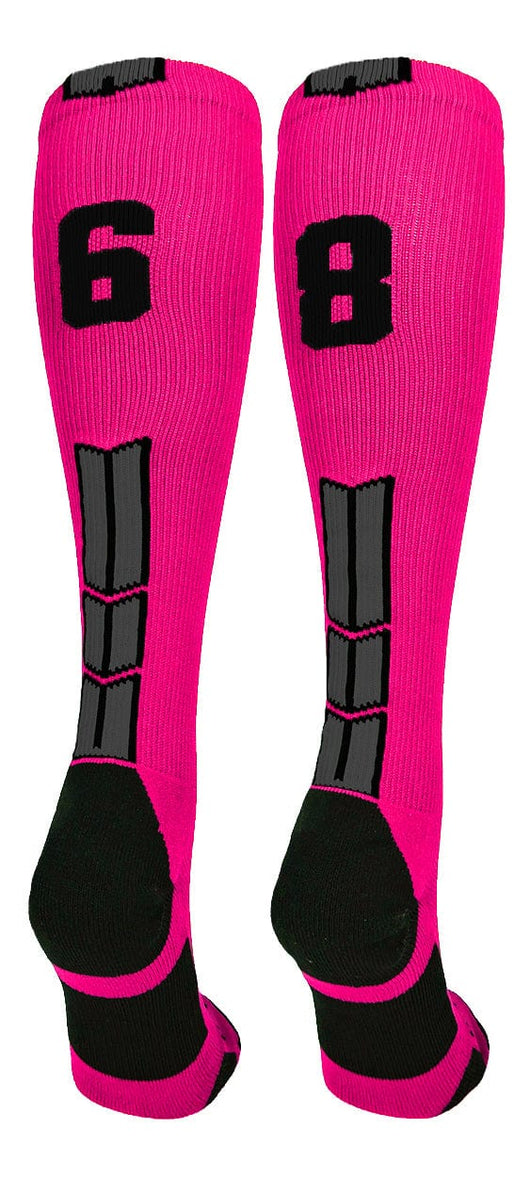 MadSportsStuff socks #68 / Large Player Id Jersey Number Socks Over the Calf Length Neon Pink Black