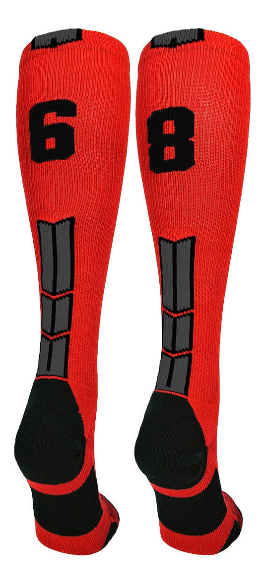 MadSportsStuff socks #68 / Large Player Id Jersey Number Socks Over the Calf Length Red Black