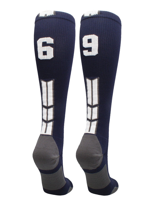 MadSportsStuff socks #69 / Large Player Id Jersey Number Socks Over the Calf Length Navy White