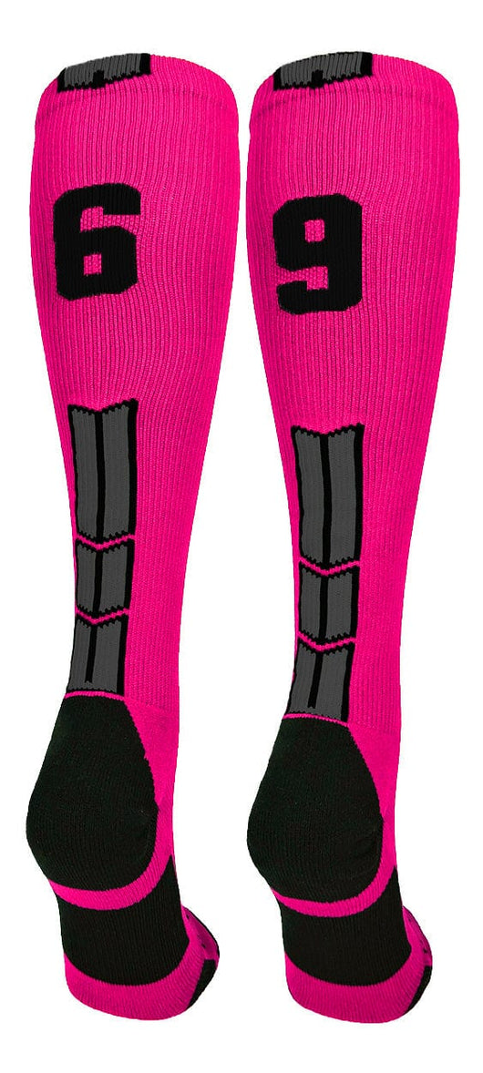 MadSportsStuff socks #69 / Large Player Id Jersey Number Socks Over the Calf Length Neon Pink Black