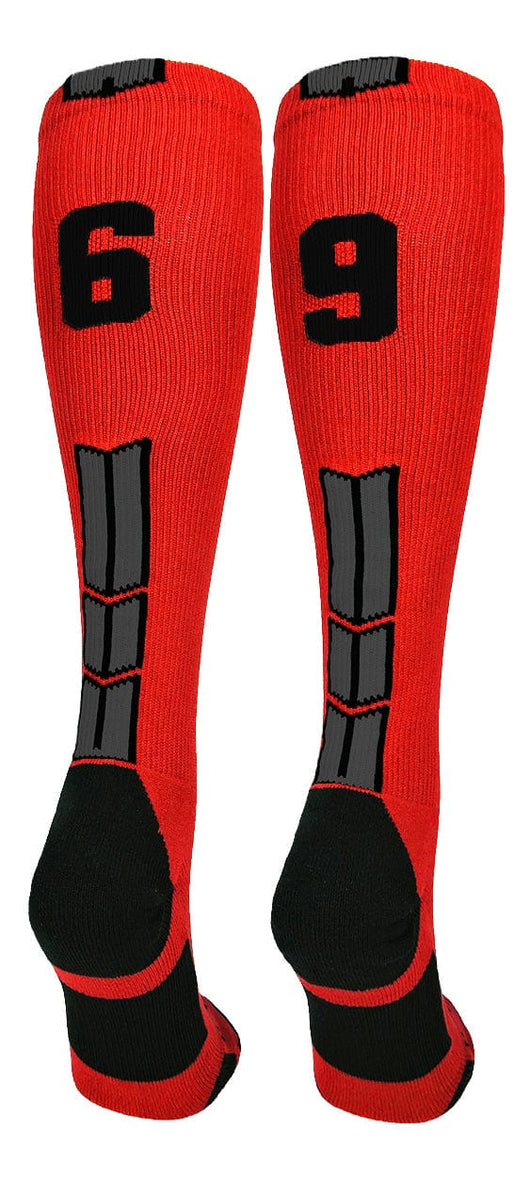 MadSportsStuff socks #69 / Large Player Id Jersey Number Socks Over the Calf Length Red Black