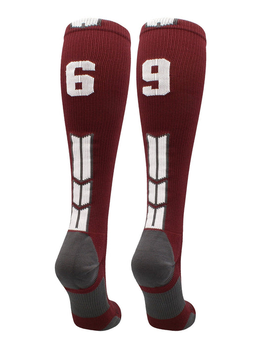 MadSportsStuff socks #69 / Medium Player Id Jersey Number Socks Over the Calf Length Maroon White