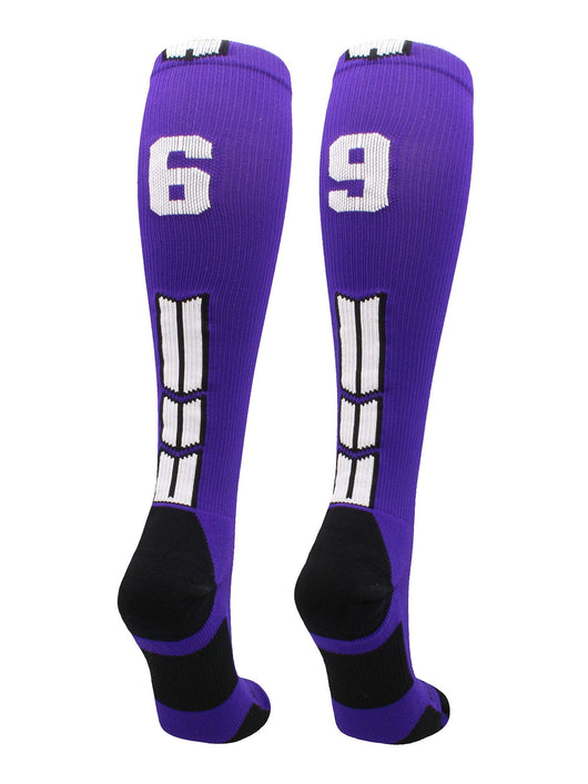 MadSportsStuff socks #69 / Medium Player Id Jersey Number Socks Over the Calf Length Purple White