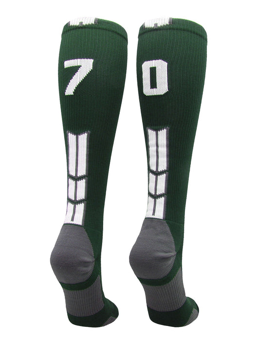 MadSportsStuff socks #70 / Large Player Id Jersey Number Socks Over the Calf Length Dark Green White
