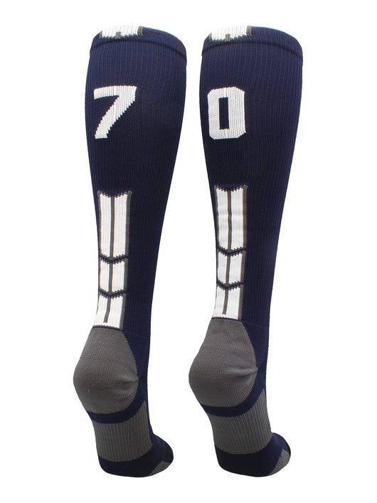 MadSportsStuff socks #70 / Large Player Id Jersey Number Socks Over the Calf Length Navy White
