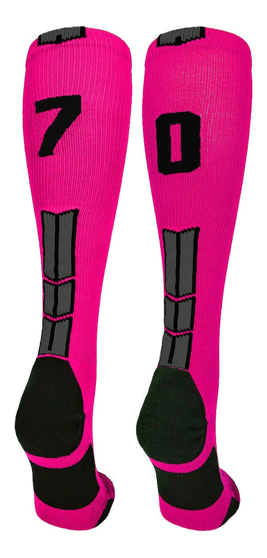 MadSportsStuff socks #70 / Large Player Id Jersey Number Socks Over the Calf Length Neon Pink Black