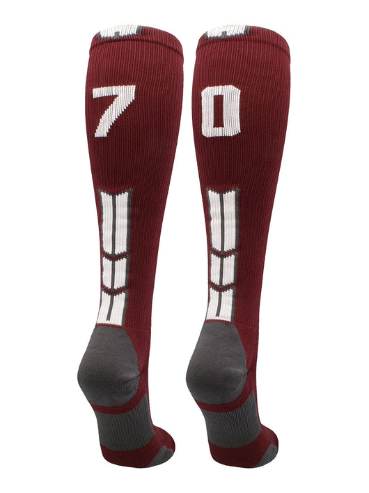 MadSportsStuff socks #70 / Medium Player Id Jersey Number Socks Over the Calf Length Maroon White