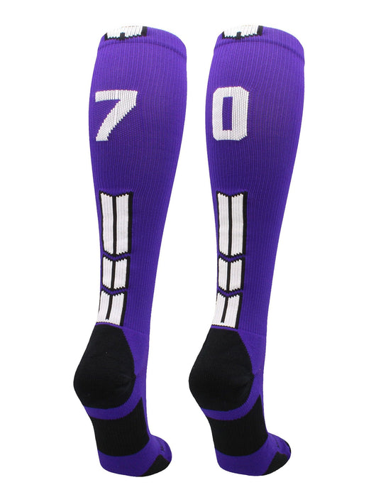 MadSportsStuff socks #70 / Medium Player Id Jersey Number Socks Over the Calf Length Purple White