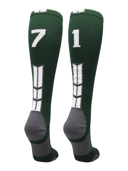 MadSportsStuff socks #71 / Large Player Id Jersey Number Socks Over the Calf Length Dark Green White