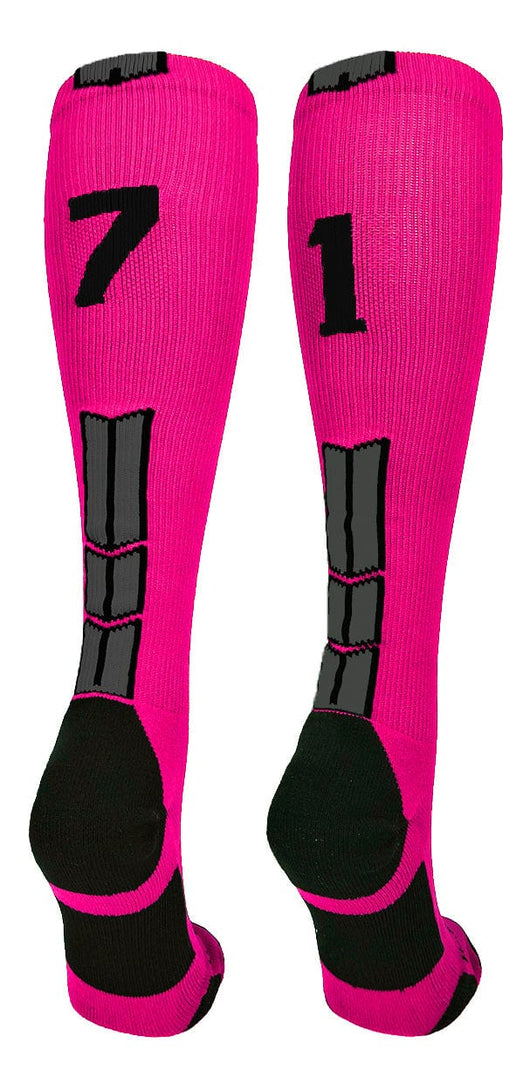 MadSportsStuff socks #71 / Large Player Id Jersey Number Socks Over the Calf Length Neon Pink Black