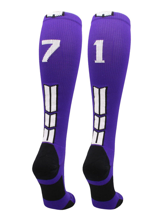 MadSportsStuff socks #71 / Large Player Id Jersey Number Socks Over the Calf Length Purple White