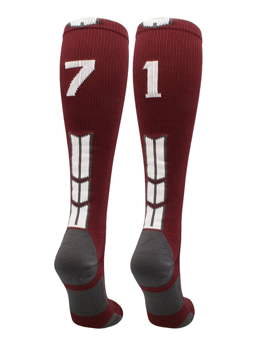 MadSportsStuff socks #71 / Medium Player Id Jersey Number Socks Over the Calf Length Maroon White