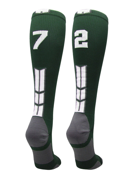 MadSportsStuff socks #72 / Large Player Id Jersey Number Socks Over the Calf Length Dark Green White