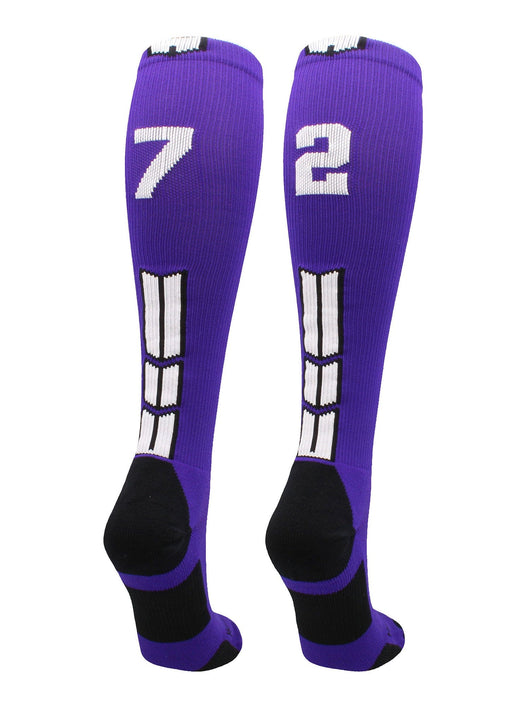 MadSportsStuff socks #72 / Medium Player Id Jersey Number Socks Over the Calf Length Purple White