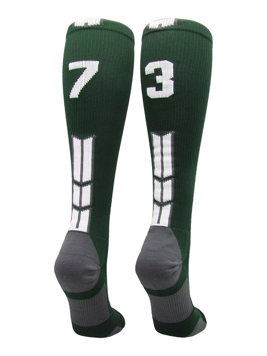 MadSportsStuff socks #73 / Large Player Id Jersey Number Socks Over the Calf Length Dark Green White