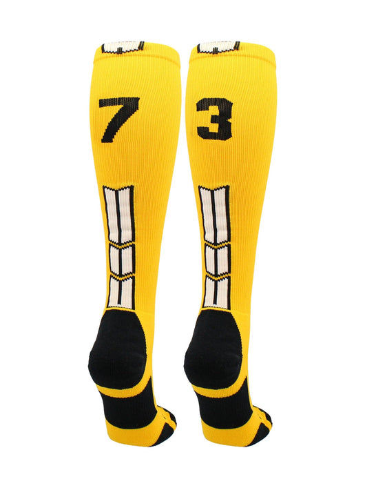 MadSportsStuff socks #73 / Large Player Id Jersey Number Socks Over the Calf Length Gold Black