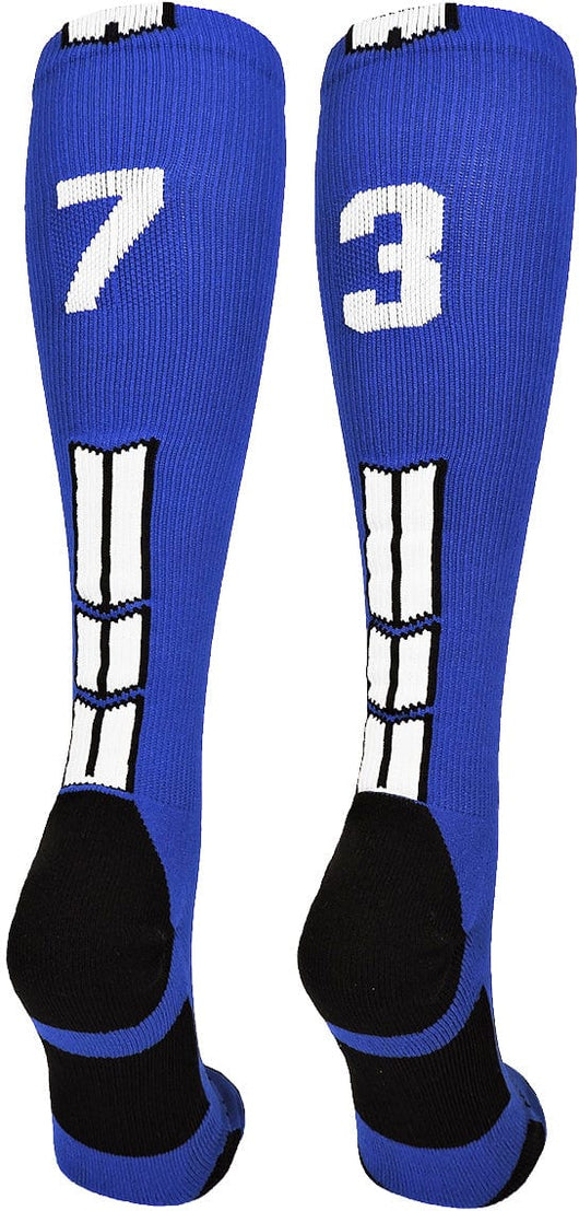 MadSportsStuff socks #73 / Small Player Id Jersey Number Socks Over the Calf Length Royal White