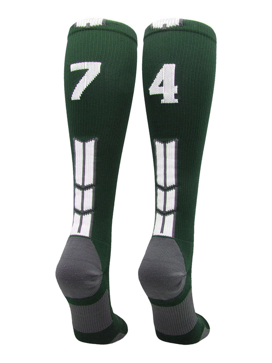 MadSportsStuff socks #74 / Large Player Id Jersey Number Socks Over the Calf Length Dark Green White