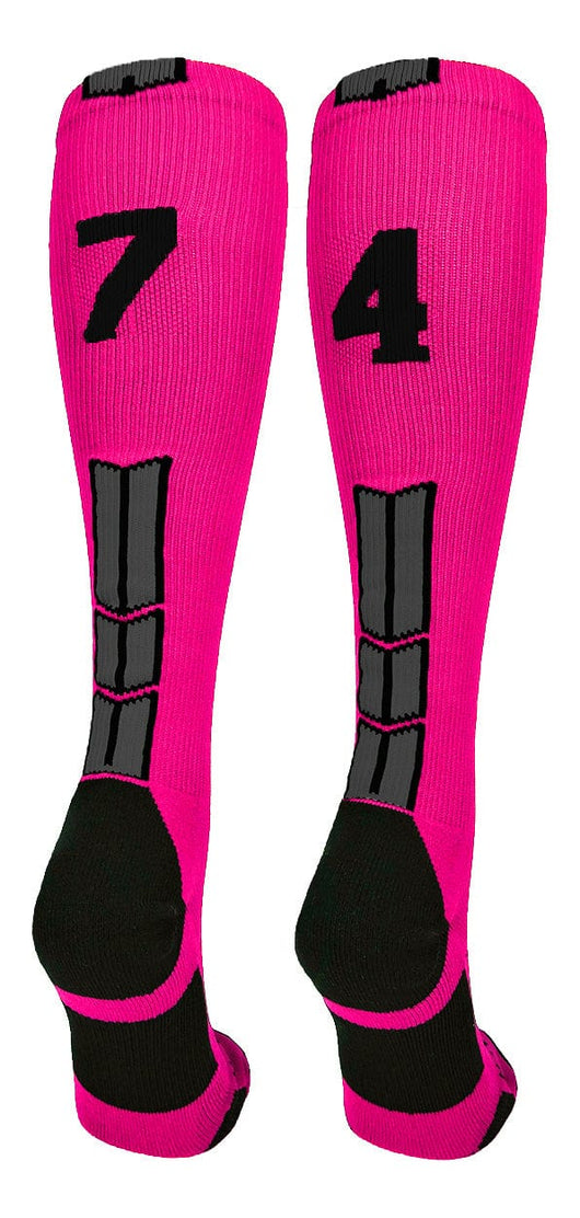 MadSportsStuff socks #74 / Large Player Id Jersey Number Socks Over the Calf Length Neon Pink Black