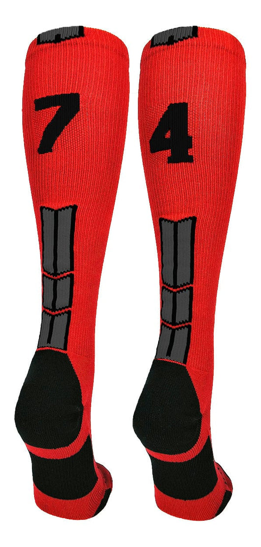 MadSportsStuff socks #74 / Large Player Id Jersey Number Socks Over the Calf Length Red Black
