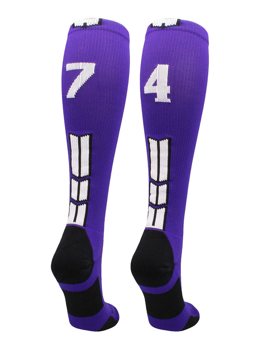 MadSportsStuff socks #74 / Medium Player Id Jersey Number Socks Over the Calf Length Purple White