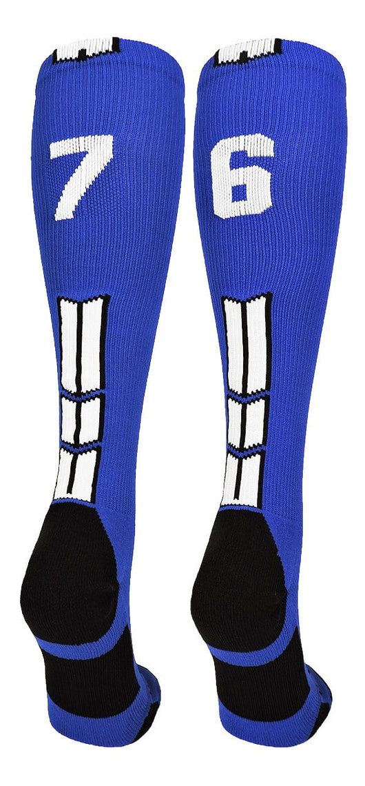 MadSportsStuff socks #76 / Small Player Id Jersey Number Socks Over the Calf Length Royal White