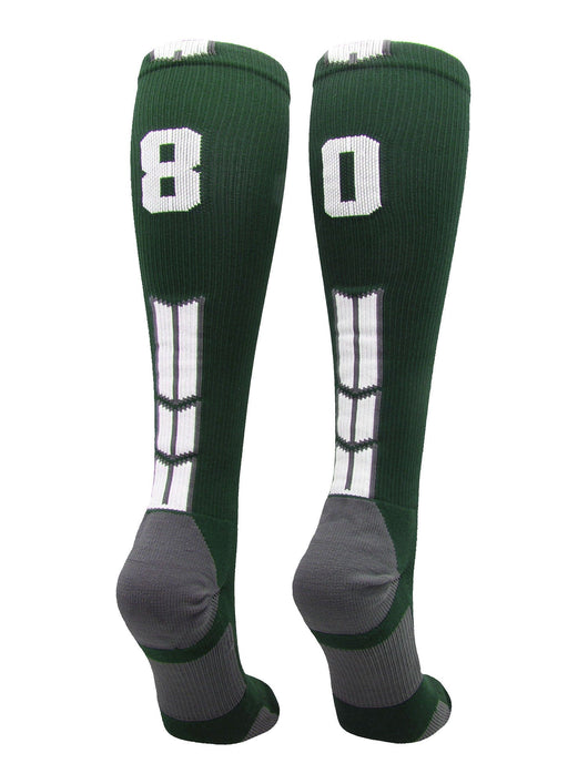 MadSportsStuff socks #80 / Large Player Id Jersey Number Socks Over the Calf Length Dark Green White