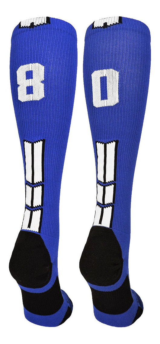 MadSportsStuff socks #80 / Large Player Id Jersey Number Socks Over the Calf Length Royal White