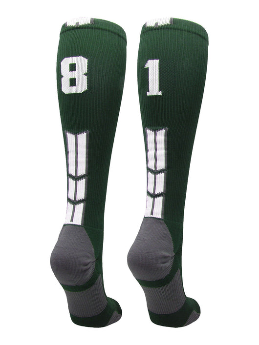 MadSportsStuff socks #81 / Large Player Id Jersey Number Socks Over the Calf Length Dark Green White