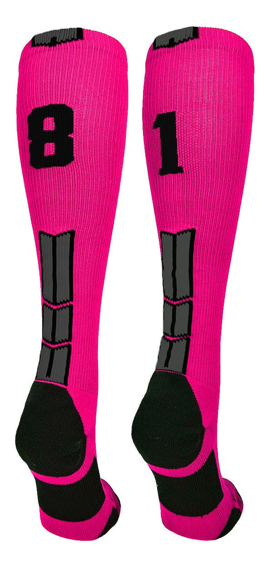 MadSportsStuff socks #81 / Large Player Id Jersey Number Socks Over the Calf Length Neon Pink Black