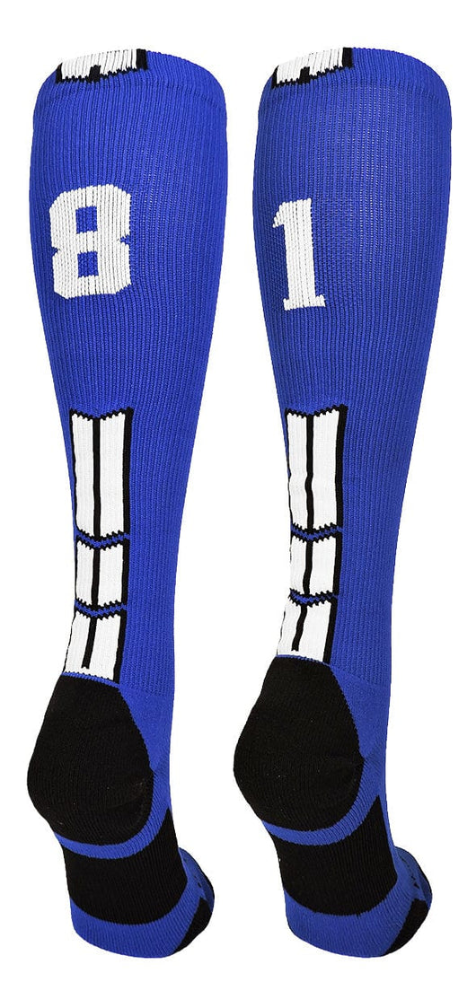 MadSportsStuff socks #81 / Small Player Id Jersey Number Socks Over the Calf Length Royal White