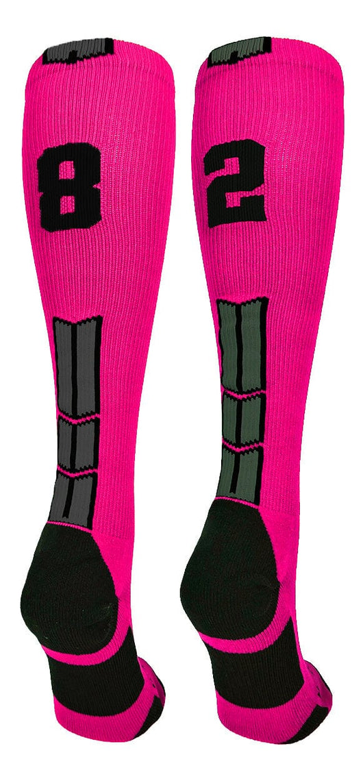 MadSportsStuff socks #82 / Large Player Id Jersey Number Socks Over the Calf Length Neon Pink Black
