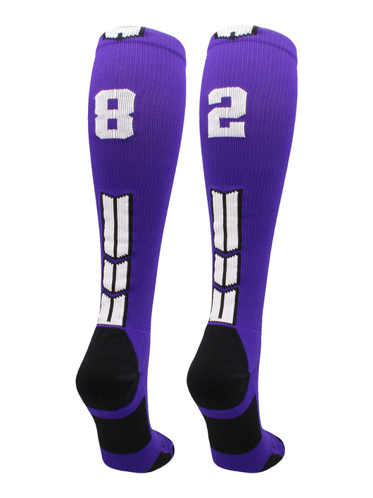 MadSportsStuff socks #82 / Large Player Id Jersey Number Socks Over the Calf Length Purple White