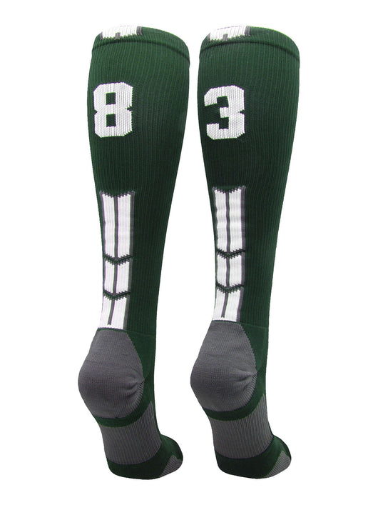 MadSportsStuff socks #83 / Large Player Id Jersey Number Socks Over the Calf Length Dark Green White