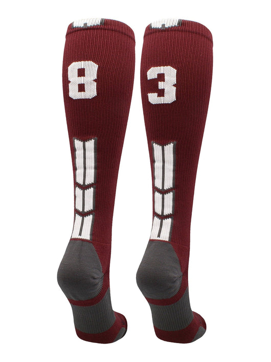 MadSportsStuff socks #83 / Large Player Id Jersey Number Socks Over the Calf Length Maroon White
