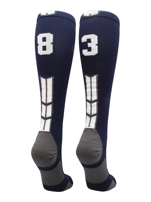 MadSportsStuff socks #83 / Large Player Id Jersey Number Socks Over the Calf Length Navy White