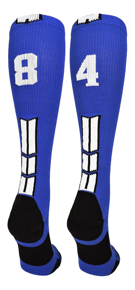 MadSportsStuff socks #84 / Large Player Id Jersey Number Socks Over the Calf Length Royal White