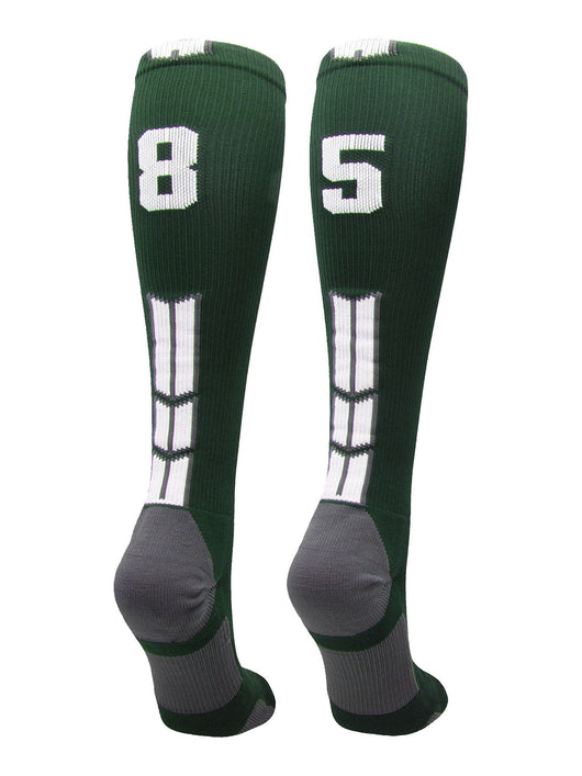 MadSportsStuff socks #85 / Large Player Id Jersey Number Socks Over the Calf Length Dark Green White