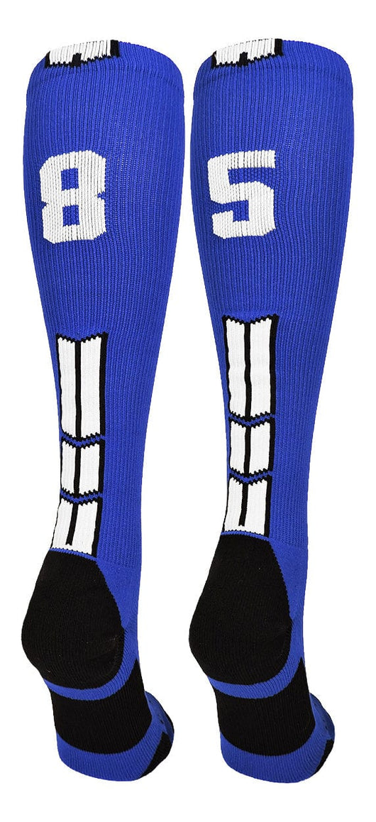 MadSportsStuff socks #85 / Large Player Id Jersey Number Socks Over the Calf Length Royal White