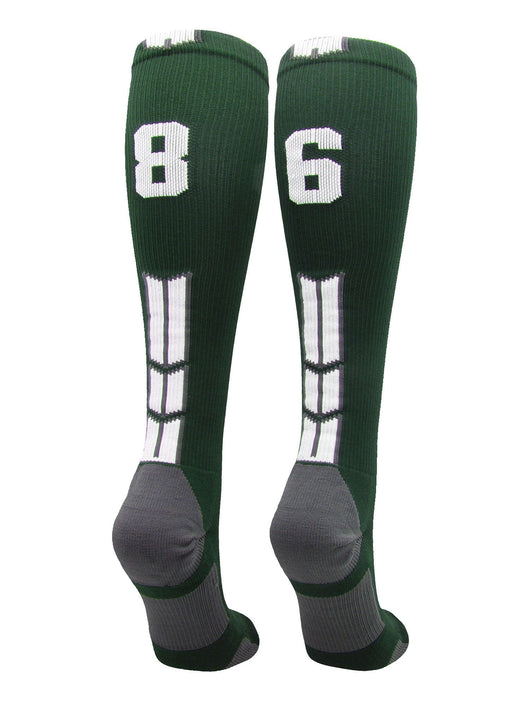 MadSportsStuff socks #86 / Large Player Id Jersey Number Socks Over the Calf Length Dark Green White