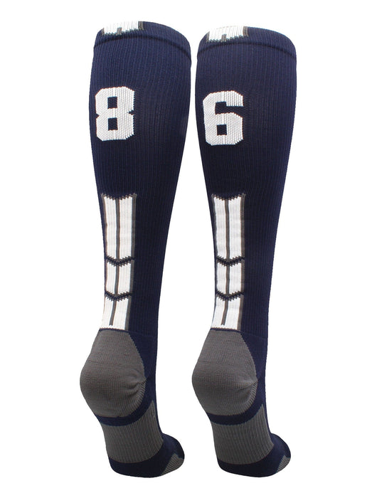 MadSportsStuff socks #86 / Large Player Id Jersey Number Socks Over the Calf Length Navy White