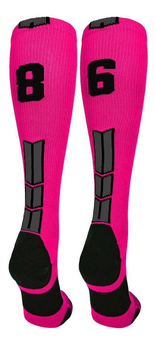 MadSportsStuff socks #86 / Large Player Id Jersey Number Socks Over the Calf Length Neon Pink Black