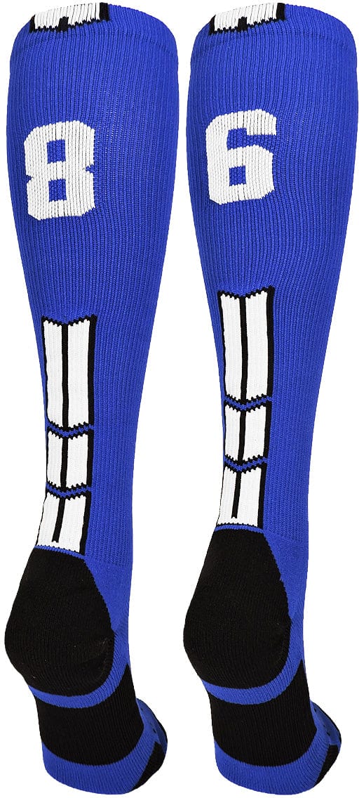 MadSportsStuff socks #86 / Large Player Id Jersey Number Socks Over the Calf Length Royal White