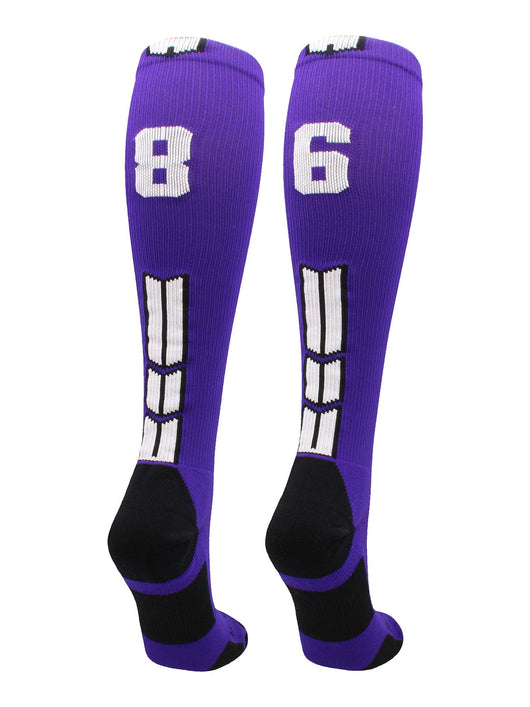 MadSportsStuff socks #86 / Medium Player Id Jersey Number Socks Over the Calf Length Purple White