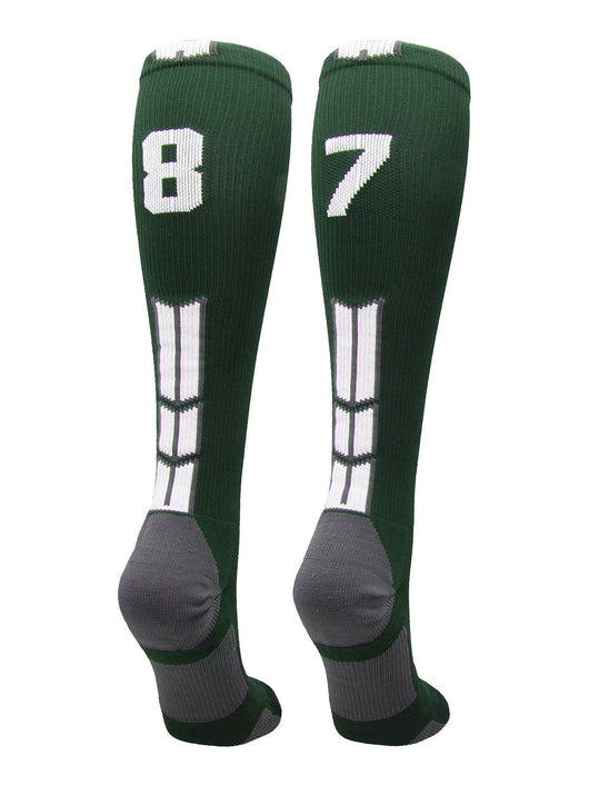 MadSportsStuff socks #87 / Large Player Id Jersey Number Socks Over the Calf Length Dark Green White