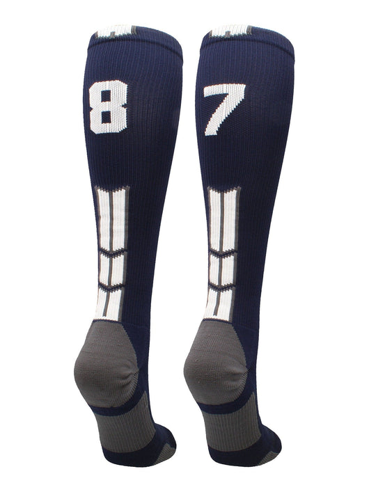 MadSportsStuff socks #87 / Large Player Id Jersey Number Socks Over the Calf Length Navy White