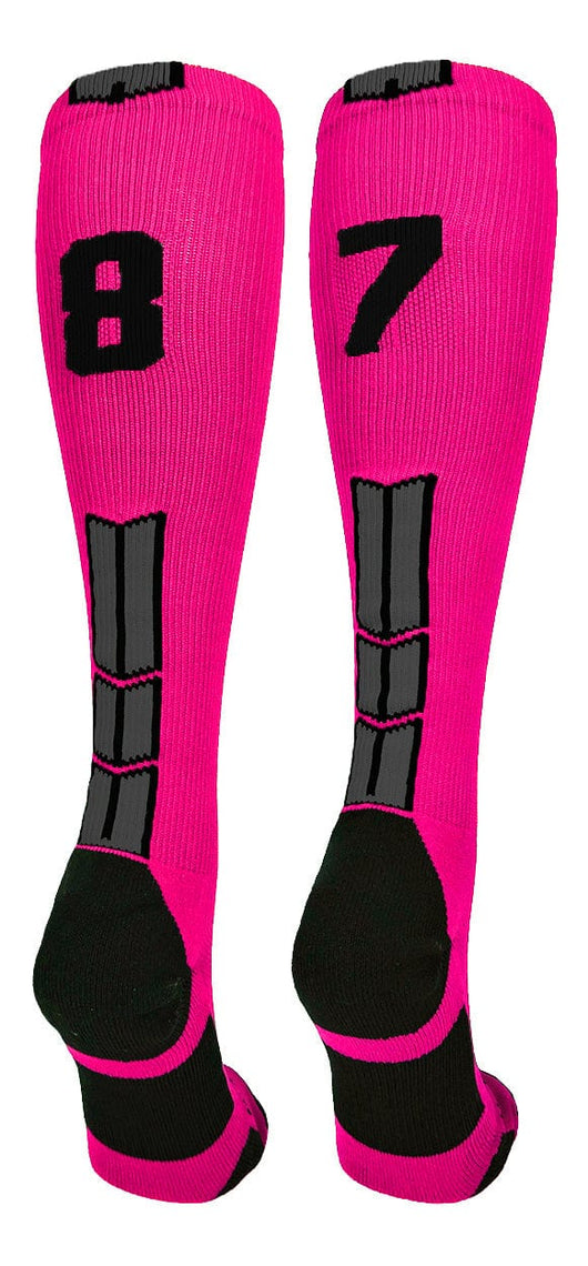 MadSportsStuff socks #87 / Large Player Id Jersey Number Socks Over the Calf Length Neon Pink Black